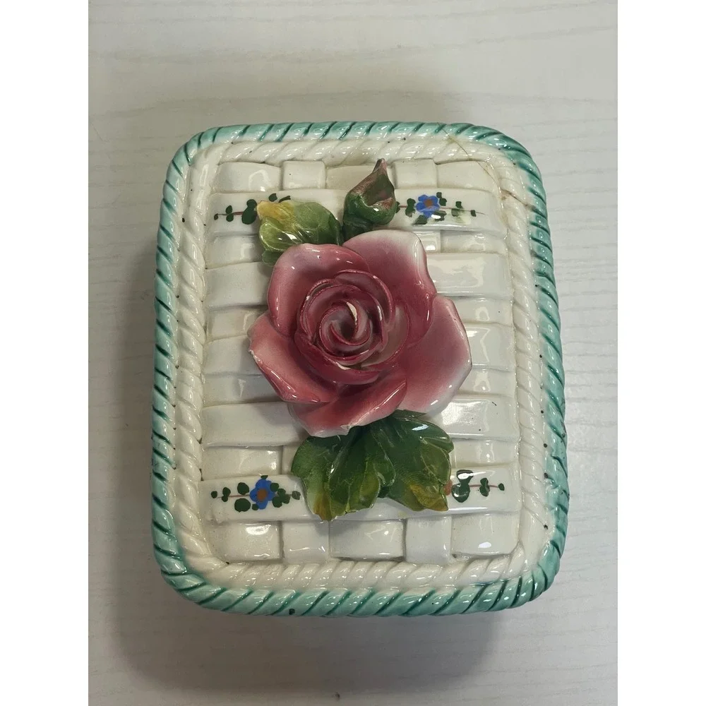 Vintage Italy Ceramic Rose Basket‎ Trinket Box Hand Painted Cottagecore Decor